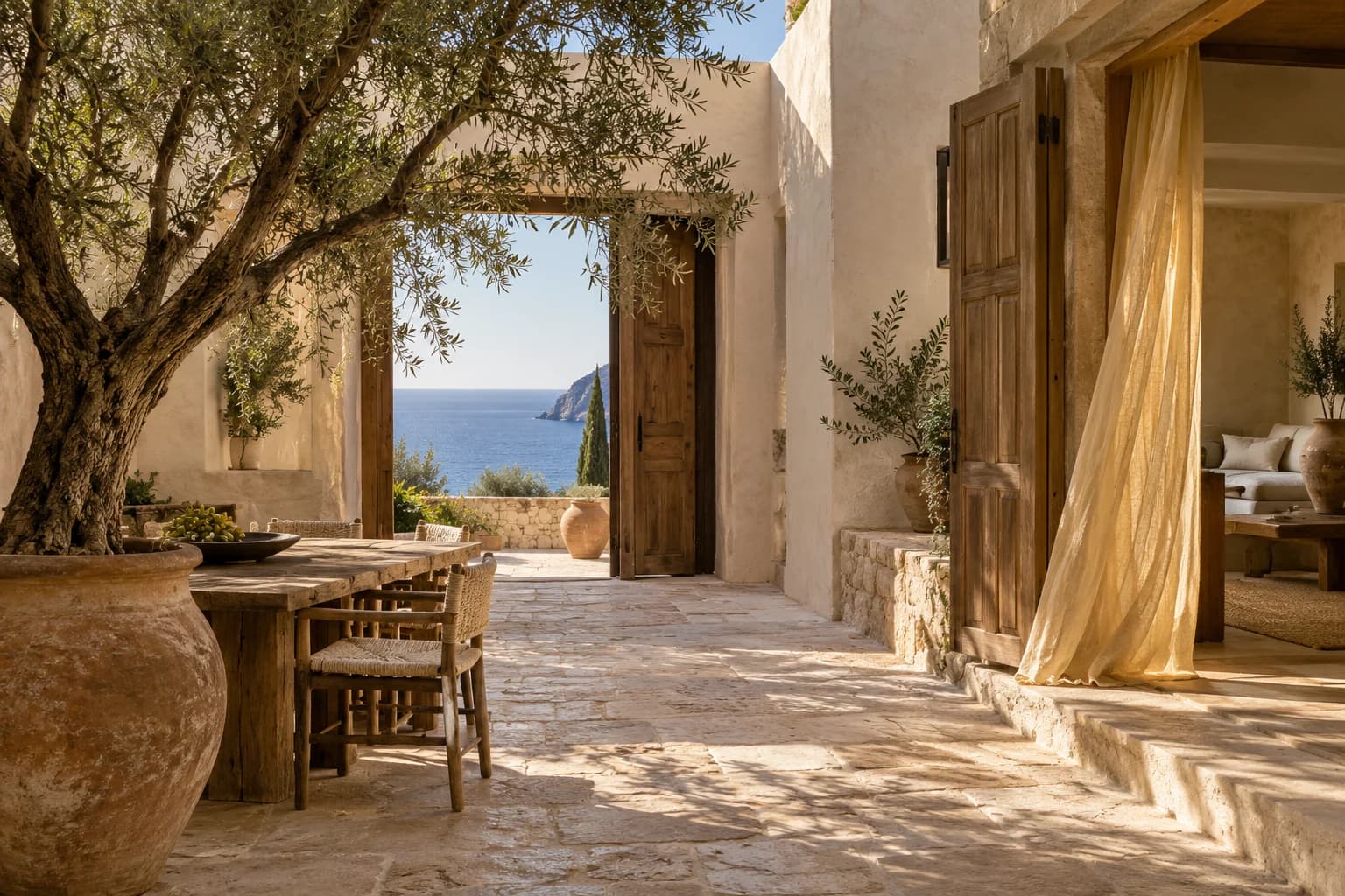 Patio mediterráneo con materiales naturales y luz cálida. Visual conceptual generado, no una propiedad de Arelon.