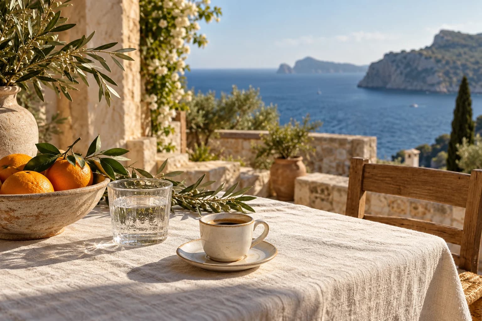 Una mesa de terraza con café, cerámica y vistas al Mediterráneo. Imagen conceptual generada, no una experiencia real de un cliente.